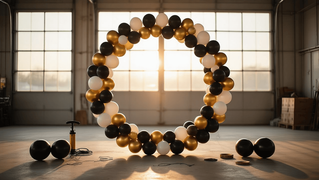Cinematic overhead and side angle view of an elegant round balloon backdrop setup in a spacious garage, featuring chrome gold, white, and matte black balloons in varying sizes, illuminated by warm golden hour light.
