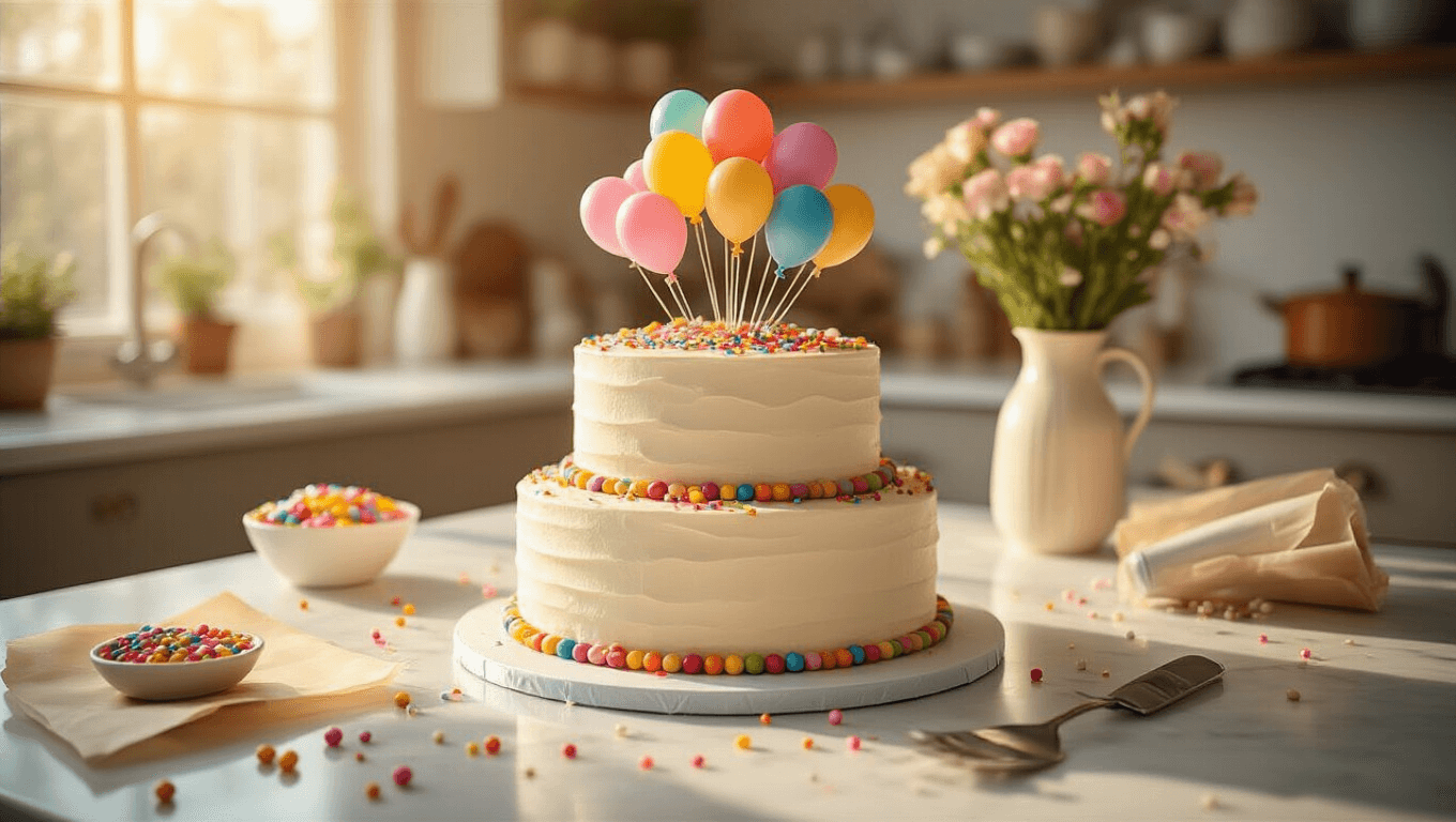Close-up shot of an elegant two-tier vanilla cake decorated with colorful candy balloons and edible confetti, on a marble counter, surrounded by cake decorating supplies, warm lighting, and festive elements.