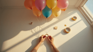 Cinematic overhead view of a white ceiling adorned with colorful balloons attached using various adhesives, illuminated by golden hour lighting, showcasing hands smoothing a balloon's tape loop against rich textures of latex and paint.