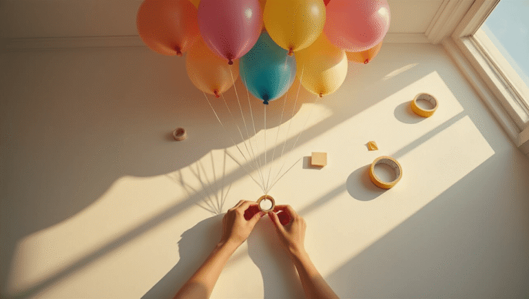 Cinematic overhead view of a white ceiling adorned with colorful balloons attached using various adhesives, illuminated by golden hour lighting, showcasing hands smoothing a balloon's tape loop against rich textures of latex and paint.
