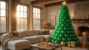 A cozy living room with an 8-foot balloon Christmas tree made of emerald green and metallic gold balloons, warm sunlight streaming through windows, and a family atmosphere featuring children arranging ornament balloons.