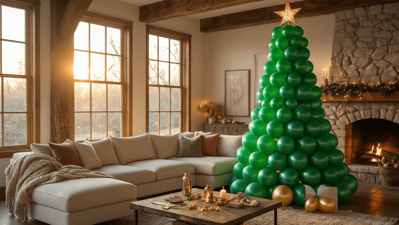 A cozy living room with an 8-foot balloon Christmas tree made of emerald green and metallic gold balloons, warm sunlight streaming through windows, and a family atmosphere featuring children arranging ornament balloons.
