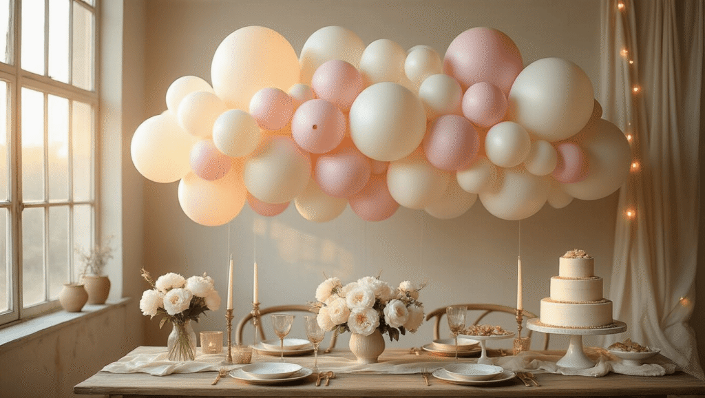 Cinematic overhead view of a whimsical balloon cloud installation with pastel pink, cream, and pearl white balloons above a rustic wooden table, adorned with vintage plates, gold-rimmed glassware, fresh white peonies, and a tiered naked cake, all illuminated by warm golden hour lighting.
