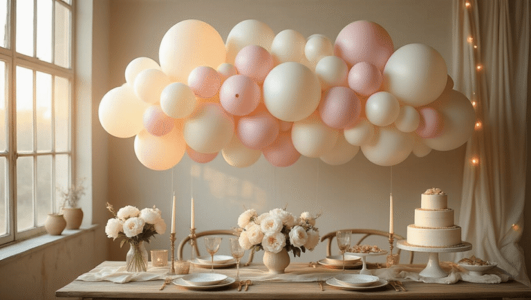 Cinematic overhead view of a whimsical balloon cloud installation with pastel pink, cream, and pearl white balloons above a rustic wooden table, adorned with vintage plates, gold-rimmed glassware, fresh white peonies, and a tiered naked cake, all illuminated by warm golden hour lighting.