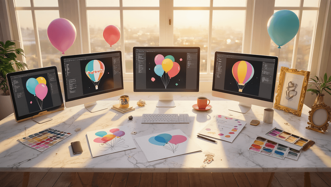 Cinematic overhead view of a bright design workspace with colorful balloon illustrations scattered on a marble desktop, illuminated by golden hour light, featuring screens displaying vector graphics, printed invitations, design tools, and soft shadows enhancing the creative atmosphere.