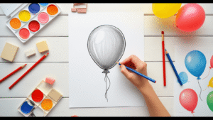 How to Draw a Balloon: The Simple 4-Step Guide That Actually Works Cinematic flat lay of a balloon drawing tutorial on a white wooden surface, featuring a pencil sketch, art supplies like HB pencils and vibrant alcohol markers, a kneaded eraser, and a circle template, with warm lighting and gentle shadows, showcasing a cozy creative atmosphere with colorful balloon drawings.