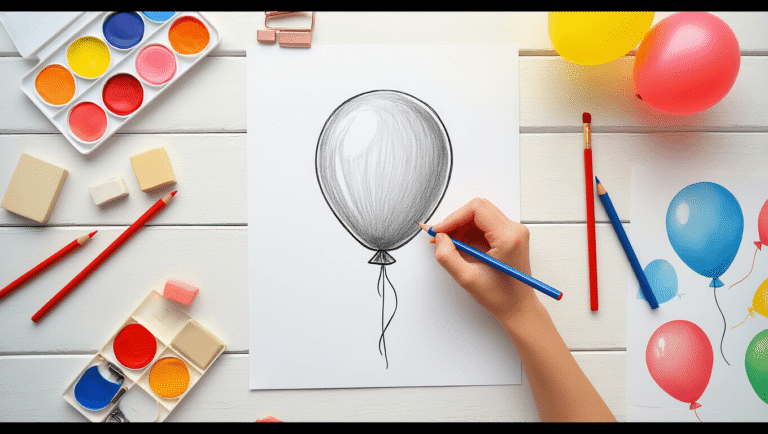 Cinematic flat lay of a balloon drawing tutorial on a white wooden surface, featuring a pencil sketch, art supplies like HB pencils and vibrant alcohol markers, a kneaded eraser, and a circle template, with warm lighting and gentle shadows, showcasing a cozy creative atmosphere with colorful balloon drawings.