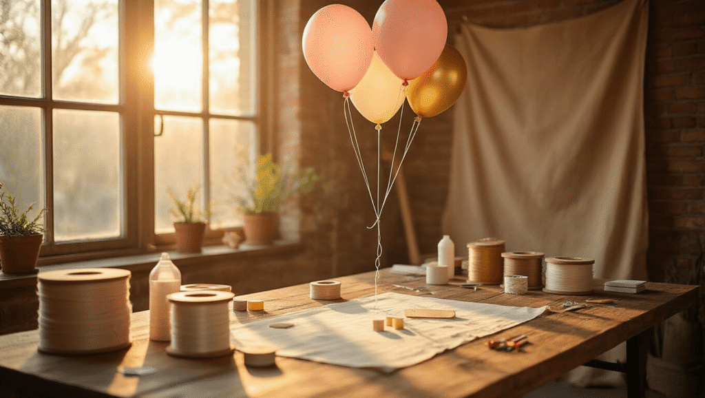 Cinematic overhead shot of a rustic wooden table filled with balloon hanging preparation supplies, including colorful latex balloons, fishing line spools, tape, and scissors, illuminated by warm golden hour light, creating an inviting workspace ambiance.