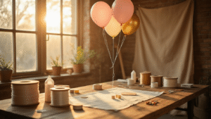 Cinematic overhead shot of a rustic wooden table filled with balloon hanging preparation supplies, including colorful latex balloons, fishing line spools, tape, and scissors, illuminated by warm golden hour light, creating an inviting workspace ambiance.
