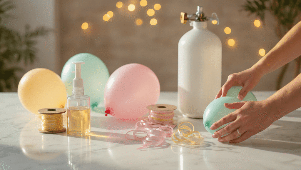 Professional balloon preparation station featuring pastel latex balloons, HiFloat dispenser, hand pump inflator, ribbon spools, and a helium tank on a white marble surface, illuminated by warm golden hour light, with hands applying treatment and a soft bokeh background.