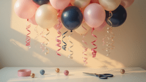 Balloons with Ribbon: The Complete Guide to Picking, Styling, and Avoiding Disasters Cinematic close-up of a sophisticated balloon display with pastel curling ribbons, blush pink and navy balloons against a clean white background, warm golden hour lighting, showcasing ribbon textures and scattered decorative weights, scissors mid-curl for perfect spirals.