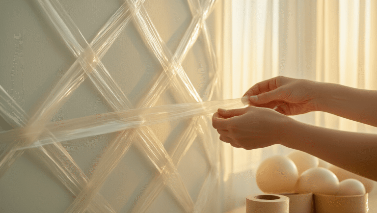 Cinematic close-up of hands applying clear tape in a cross pattern over pastel balloon knots on drywall, with warm golden hour light and a cozy living room backdrop featuring hardwood floors.