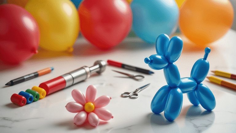 Cinematic close-up of vibrant jewel-toned balloon twisting essentials on a white marble surface, featuring a professional pump, chisel-tip markers, sharp scissors, and partially twisted balloon dog, with swan and flower sculptures, bathed in soft golden hour light.
