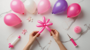 Cinematic overhead shot of colorful long balloons being twisted into elegant decorations on a clean marble surface, with hands crafting intricate designs amid soft natural lighting and scattered crafting tools.