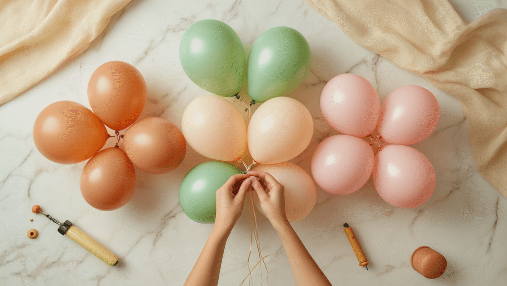 Cinematic overhead view of hands tying balloons on a white marble surface, showcasing clusters of terracotta, sage green, and blush pink balloons in golden hour light, with tying tools and a balloon pump nearby, capturing a warm, inviting atmosphere.