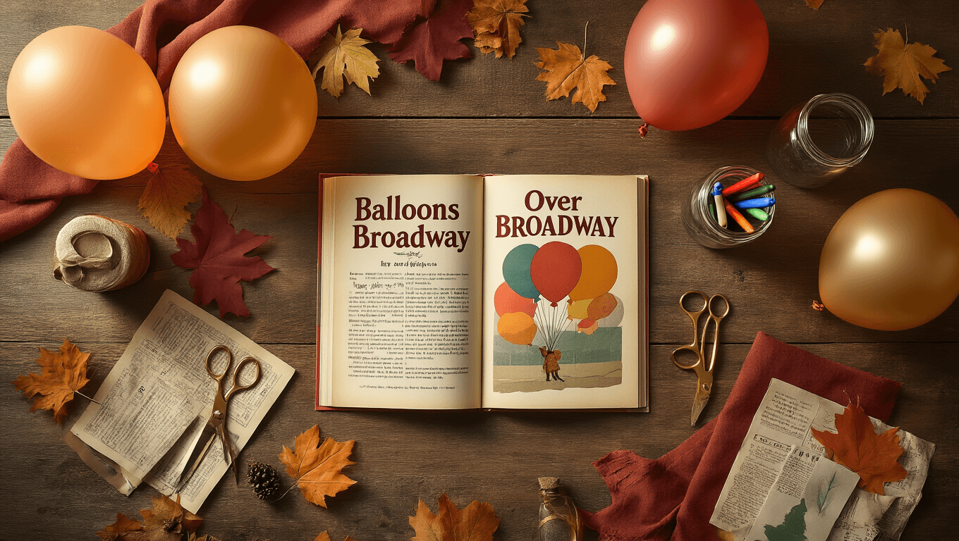 Cinematic overhead shot of a warm craft table featuring the "Balloons Over Broadway" book, vintage helium balloons in autumn hues, scattered craft supplies, and soft morning light highlighting rich textures and nostalgic 1920s parade magic.