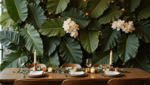 How to Create Stunning Banana Leaf Decor for Your Wedding Day Close-up of a lush tropical wedding decoration featuring layered banana leaves in varying green shades, delicate white orchids, and cream roses, all illuminated by warm golden hour light, with a rich wooden table set for an elegant celebration.