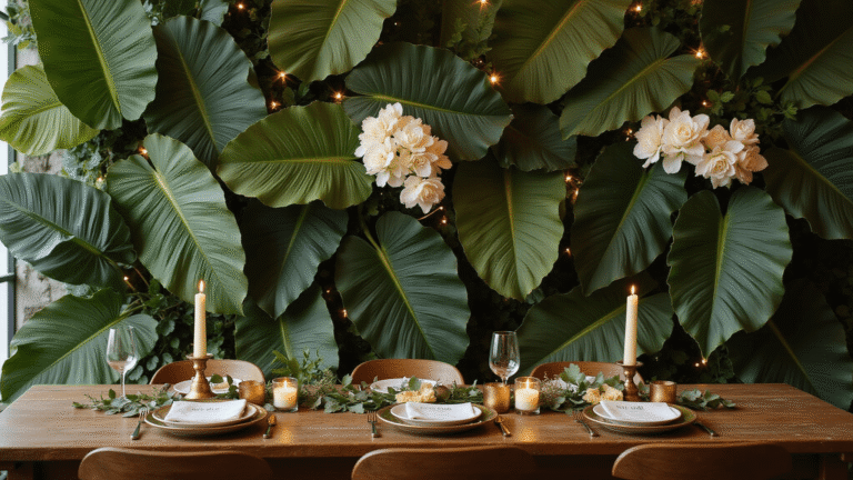 Close-up of a lush tropical wedding decoration featuring layered banana leaves in varying green shades, delicate white orchids, and cream roses, all illuminated by warm golden hour light, with a rich wooden table set for an elegant celebration.