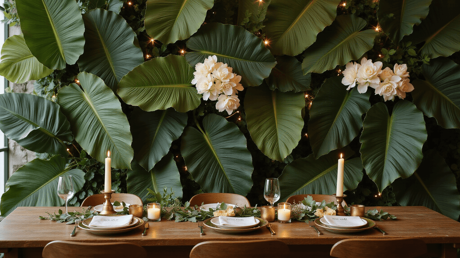Close-up of a lush tropical wedding decoration featuring layered banana leaves in varying green shades, delicate white orchids, and cream roses, all illuminated by warm golden hour light, with a rich wooden table set for an elegant celebration.