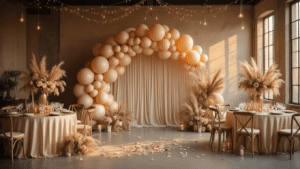 Cinematic wide-angle shot of an elegant event space showcasing a sophisticated beige balloon installation with champagne and ivory balloons in an organic arch, soft blush pink accents, cream silk table linens, and crystal stemware, all illuminated by warm amber lighting and twinkling fairy lights, creating an inviting atmosphere with natural wood elements and romantic candlelit accents.