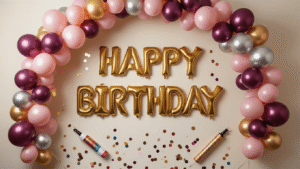 Cinematic overhead shot of an elegant birthday balloon arrangement featuring shimmering gold and silver number balloons, surrounded by a colorful organic balloon garland in berry blush and midnight copper, with rainbow latex balloons cascading naturally, soft warm lighting enhancing textures and creating an inviting party atmosphere.