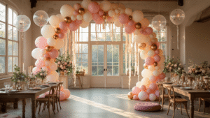 Cinematic wide shot of an elegant party venue decorated with an organic blush pink and cream balloon arch, flowing garlands on tables, tall balloon columns with LED accents, and floating ceiling balloons, all enhanced by warm golden hour lighting.
