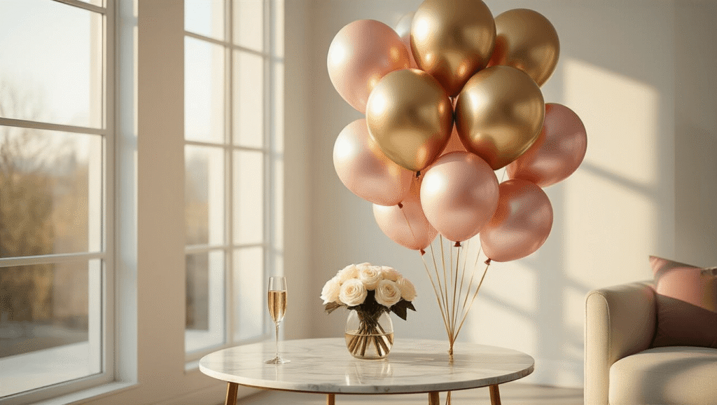 Luxurious birthday balloon bouquet in modern living room, featuring oversized metallic gold and blush pink balloons, marble side table with champagne flute and white roses, warm morning light creating inviting atmosphere.