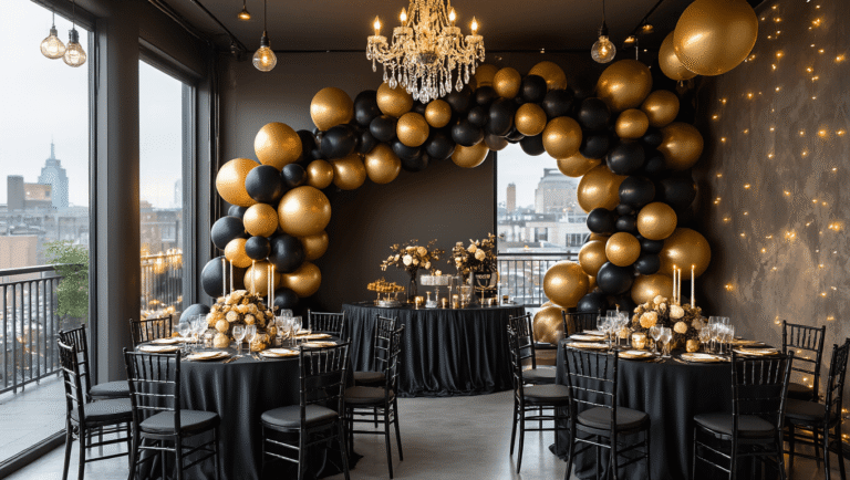 A sophisticated indoor birthday party with a black and gold balloon backdrop, warm lighting, luxurious table linens, and elegant decorations, set on an intimate rooftop terrace.