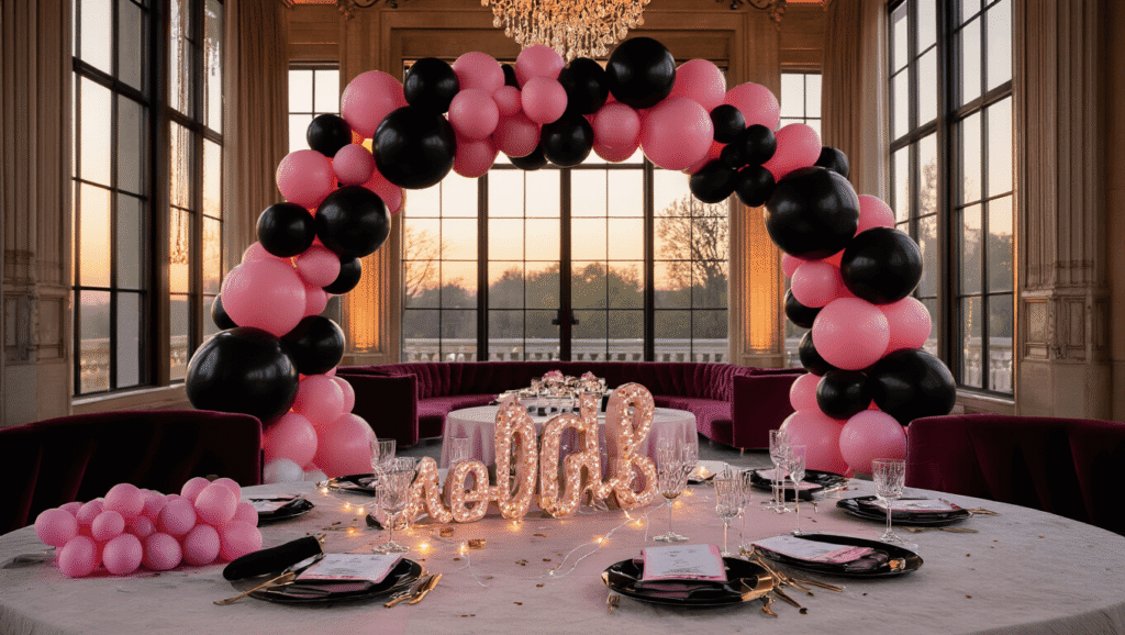 Cinematic shot of an elegant ballroom with black and pink balloon garland, blush pink table linens, velvet seating, and warm golden hour lighting. Foreground features DIY balloon kit components, while silver foil letters and confetti balloons add sophistication to the inviting atmosphere.