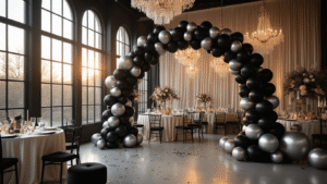 Luxurious party setup featuring a dramatic black and silver balloon arch, warm golden hour lighting, and elegant table decor with metallic balloon centerpieces, creating an intimate and sophisticated atmosphere.