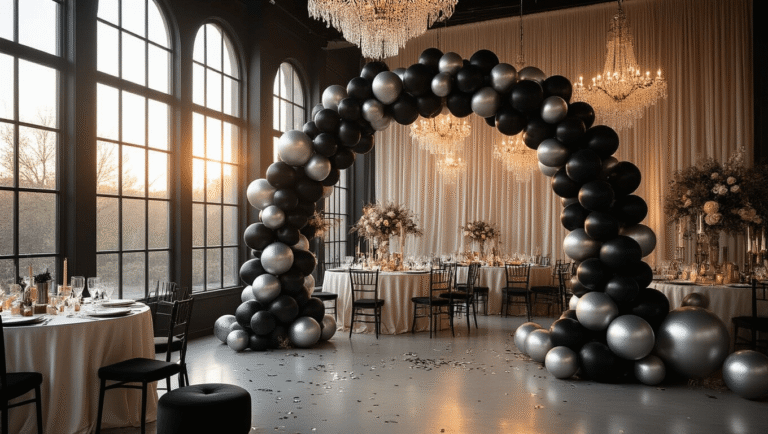 Luxurious party setup featuring a dramatic black and silver balloon arch, warm golden hour lighting, and elegant table decor with metallic balloon centerpieces, creating an intimate and sophisticated atmosphere.