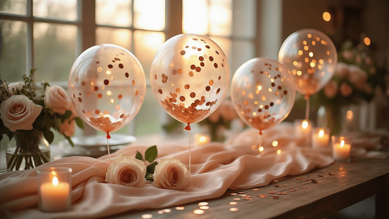 Cinematic close-up of crystal-clear bobo balloons filled with rose gold confetti and warm LED lights on a rustic wooden table, surrounded by blush silk linens and cream roses, illuminated by golden hour lighting, creating an elegant and luxurious party atmosphere.
