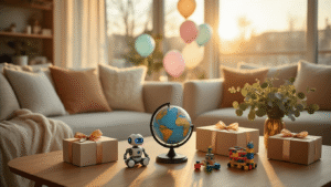 Cinematic wide-angle view of a modern living room decorated for a birthday, showcasing STEM gifts like a talking globe and coding robot on a coffee table, with warm golden hour lighting, plush seating, elegant gift boxes, muted pastel balloons, and cozy eucalyptus centerpieces.