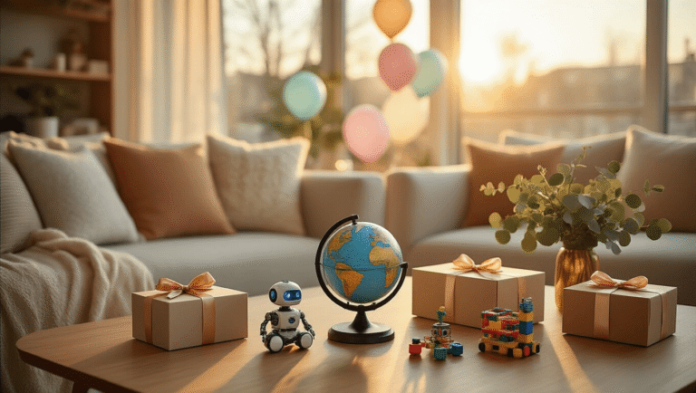 Cinematic wide-angle view of a modern living room decorated for a birthday, showcasing STEM gifts like a talking globe and coding robot on a coffee table, with warm golden hour lighting, plush seating, elegant gift boxes, muted pastel balloons, and cozy eucalyptus centerpieces.