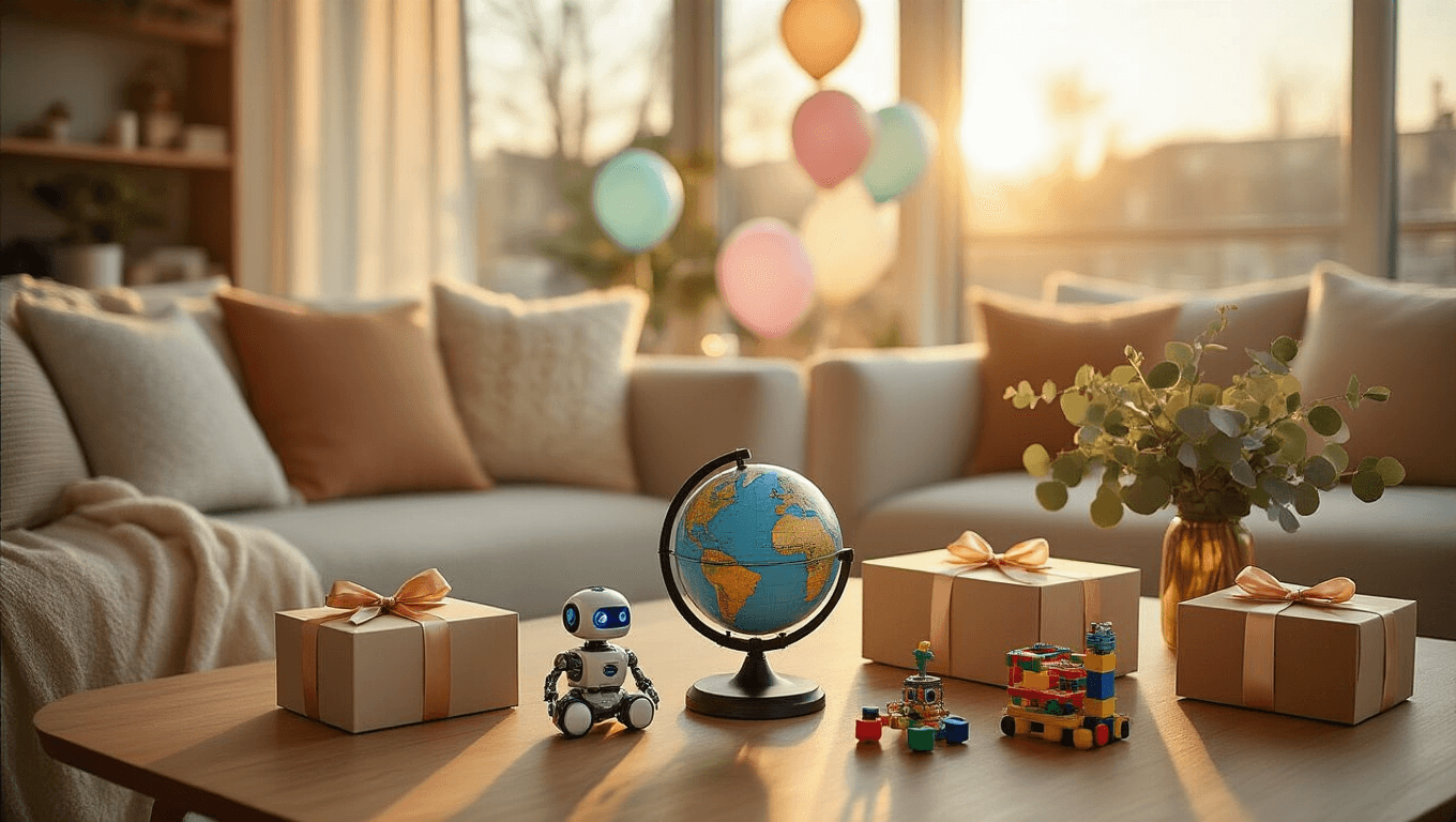 Cinematic wide-angle view of a modern living room decorated for a birthday, showcasing STEM gifts like a talking globe and coding robot on a coffee table, with warm golden hour lighting, plush seating, elegant gift boxes, muted pastel balloons, and cozy eucalyptus centerpieces.