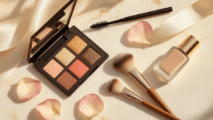 Natural Wedding Makeup for Brown Eyes That Actually Looks Like You (Just Better) A bridal makeup flatlay on cream marble featuring neutral eyeshadow, mascara, cream blush, highlighter, blending brushes, rose petals, silk ribbon, and a dewy foundation bottle, all illuminated by golden hour light, evoking romance and beauty.