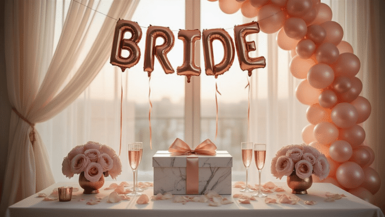 Cinematic view of a luxurious bridal shower setup featuring 40-inch rose gold foil balloons spelling "BRIDE" above a marble gift table, adorned with blush pink peonies, ivory silk ribbons, crystal champagne flutes, rose petals, and warm candlelight, all captured in soft golden hour lighting with a dreamy bokeh effect.