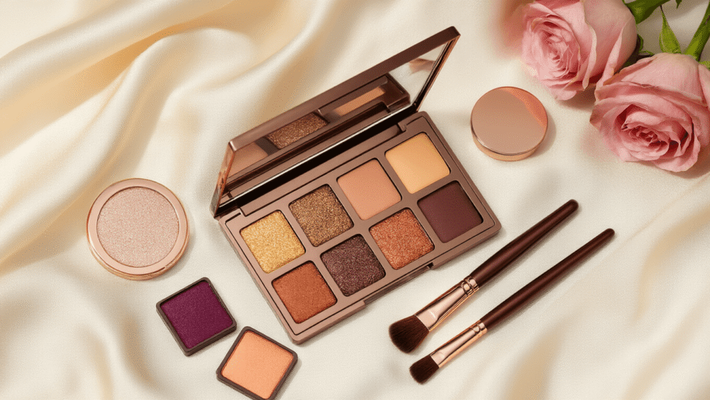 Luxurious flatlay of wedding guest makeup essentials, featuring a bronze and copper eyeshadow palette, rose gold makeup brushes, a champagne-colored compact, and scattered rose gold sequins on a soft cream silk background, creating an elegant and romantic atmosphere.