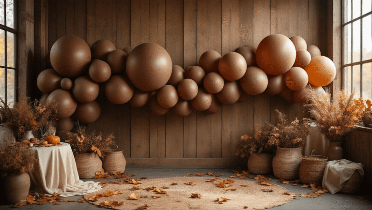 Cinematic wide-angle shot of an elegant party setup featuring chocolate brown latex balloons in an organic garland against a rustic wood backdrop, illuminated by warm golden hour lighting, with autumn leaves and cream linens in the foreground.