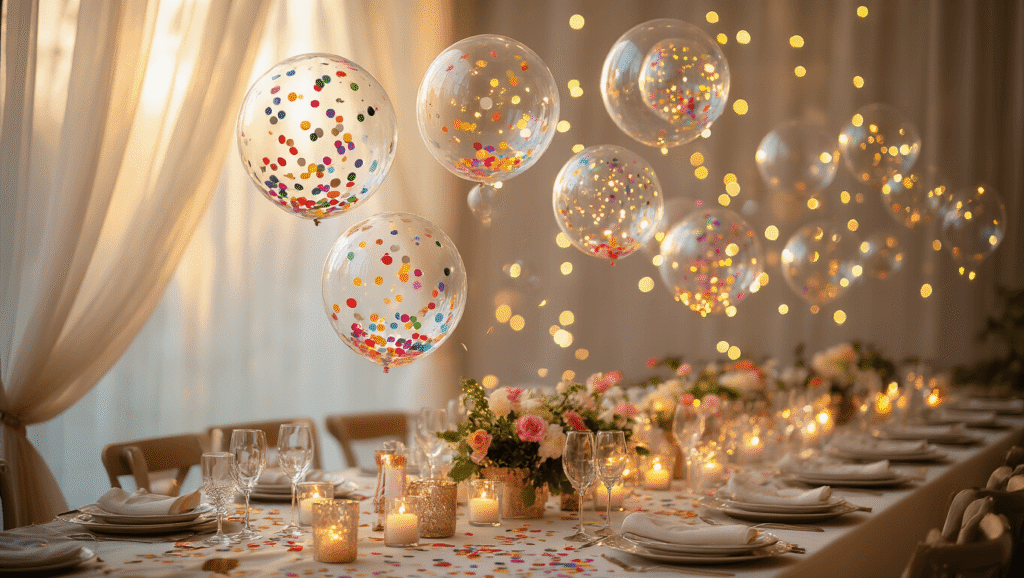 Cinematic wide-angle view of floating bubble balloons filled with colorful confetti and LED lights, set against an elegant party backdrop with ivory silk linens, professional table settings, and floral centerpieces, bathed in warm golden hour lighting.