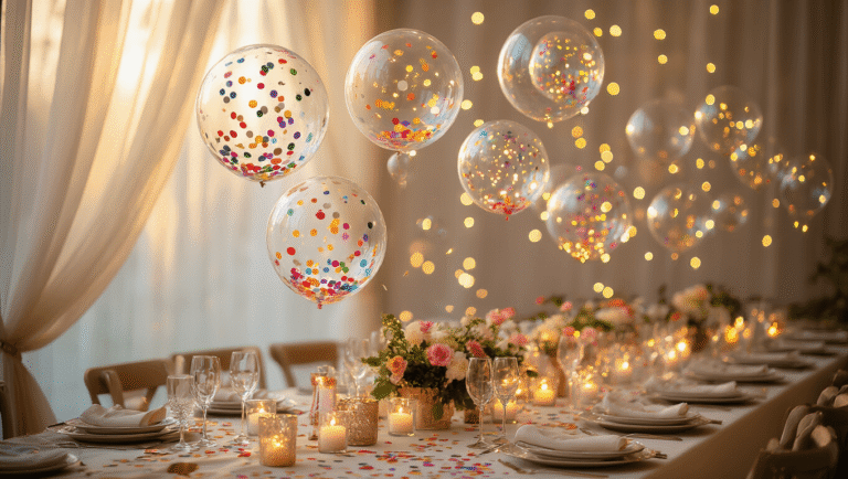 Cinematic wide-angle view of floating bubble balloons filled with colorful confetti and LED lights, set against an elegant party backdrop with ivory silk linens, professional table settings, and floral centerpieces, bathed in warm golden hour lighting.