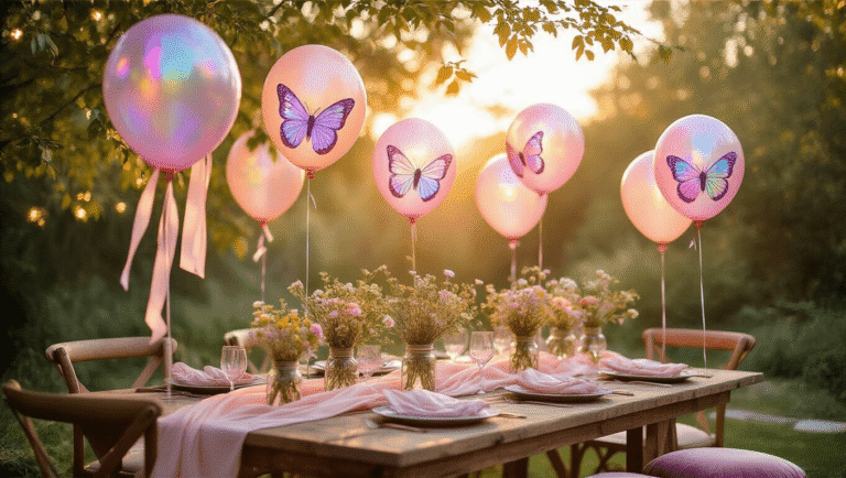 Cinematic wide shot of an enchanting garden party setup at golden hour, featuring iridescent holographic butterfly balloons, rustic wooden tables adorned with blush silk linens, and mason jar florals, with warm sunlight filtering through trees and twinkling fairy lights in the background.