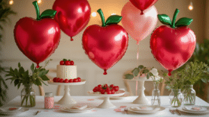 Cinematic overhead shot of an elegant party setup with large cherry-shaped metallic balloons, a white linen table, vintage cake stands, glass vases with greenery, and warm golden hour lighting, featuring soft pastel pink accents and creamy bokeh background.