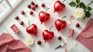 Cinematic overhead shot of an elegant cherry balloon party setup on a clean white marble surface, featuring glossy red foil cherry-shaped balloons, fresh cherries, red gingham fabric, white roses, and decorative supplies, all enhanced by soft natural lighting in a warm golden hour ambiance.