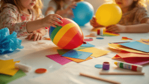 Children's hands decorating vibrant balloons with construction paper cutouts and ribbons on a clean white craft table, illuminated by soft golden hour lighting, showcasing colorful textures and a cozy crafting atmosphere.