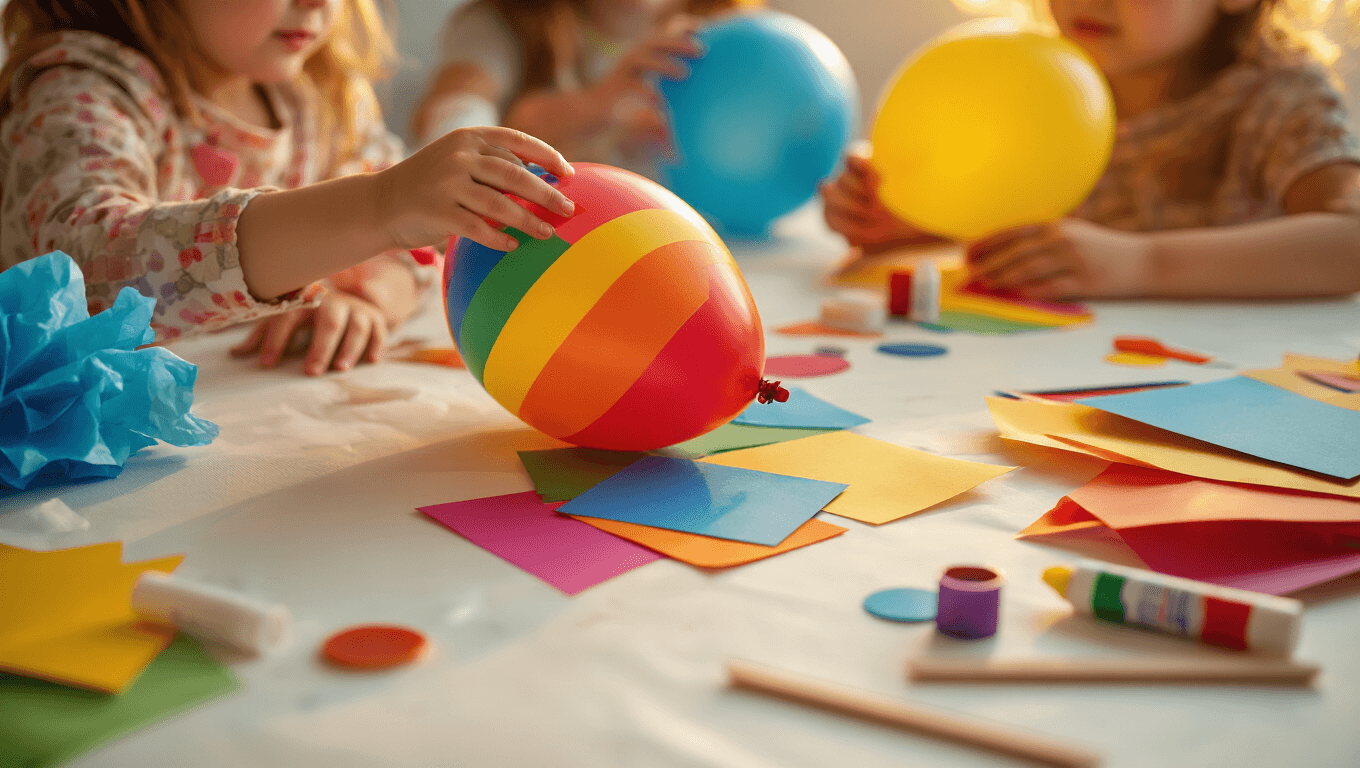 Children's hands decorating vibrant balloons with construction paper cutouts and ribbons on a clean white craft table, illuminated by soft golden hour lighting, showcasing colorful textures and a cozy crafting atmosphere.