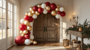 Cinematic wide-angle shot of an elegant Christmas balloon arch in warm golden hour light, featuring red, champagne gold, and pearl white balloons over a rustic wooden doorway, with a vintage console table decorated with pine cones and evergreen sprigs.