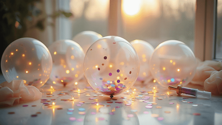 Cinematic close-up of elegant clear balloons with iridescent confetti, illuminated by soft natural light on a white marble surface, featuring delicate LED lights and pastel paper confetti, capturing a festive atmosphere with a shallow depth of field.