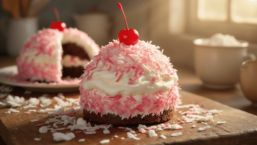 Close-up of a Coconut Snowball Cake coated in pink shredded coconut, showcasing chocolate cake layers and creamy marshmallow frosting, garnished with a maraschino cherry, on a rustic wooden surface with scattered coconut flakes in warm golden light.