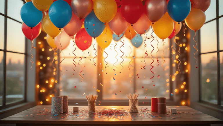 Where to Buy Colorful Balloons That'll Make Your Party Pop (Without Breaking the Bank) Cinematic wide shot of an elegant party setup with vibrant confetti-filled balloons in electric blue, sunshine yellow, cherry red, and rose gold, illuminated by warm golden hour lighting through tall windows, with close-up textures of shimmering confetti inside translucent balloons and a rustic wooden table displaying balloon garland kit components.
